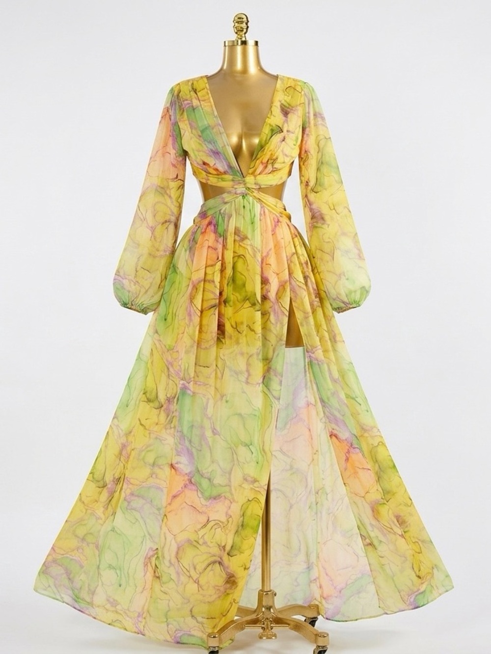 Fashion Nova Yellow Watercolor Cutout Maxi Dress